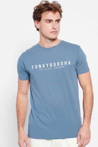 Funky Buddha ανδρικό βαμβακερό T-shirt μονόχρωμο με logo print και patch μπροστά - FBM007-329-04 Μπλε Ραφ L